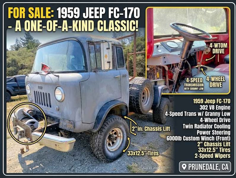 1959 Willys Jeep FC-170 Truck \u2013 V8 302 Swap, 4WD, Lifted  Price: $18,500 OBO