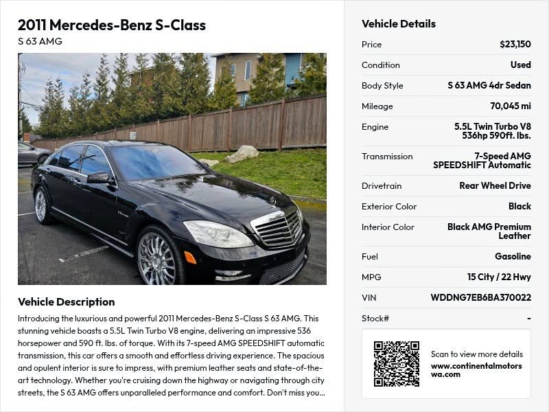 2011 Mercedes-Benz S-Class S 63 AMG Sedan 4D